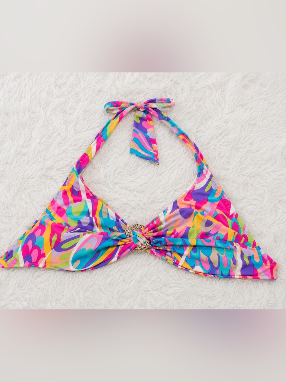 Trina Turk Multicolor Abstract Halter Bikini Top in Pink, Yellow & Turquoise